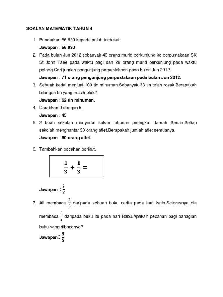 Soalan Matematik Tahun 4 Dan Jawapan Jakobedsx