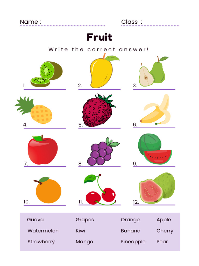 Colorful Illustrative Fruit Worksheet | PDF