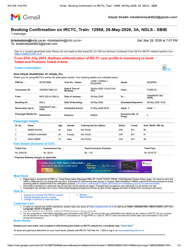 Gmail - Booking Confirmation On IRCTC, Train - 12958, 26-May-2026, 3A ...