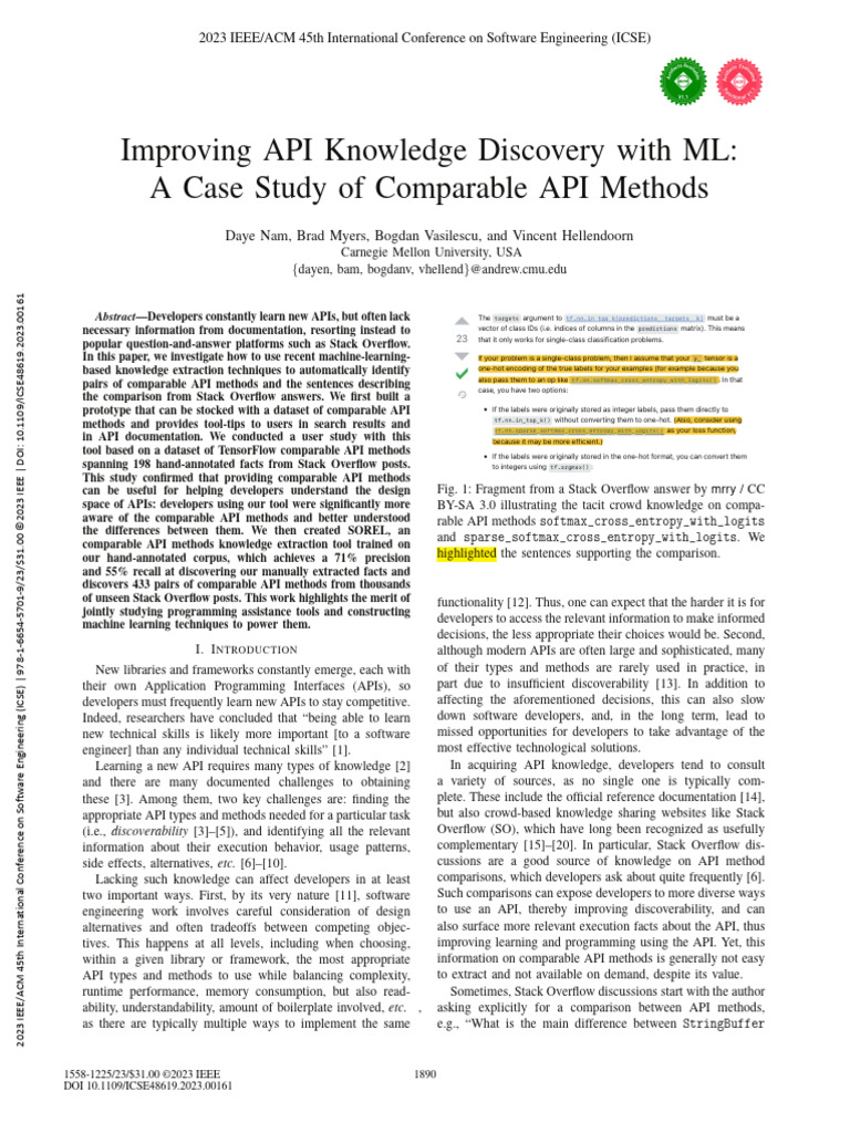 Improving API Knowledge Discovery With ML - A Case Study of Comparable ...