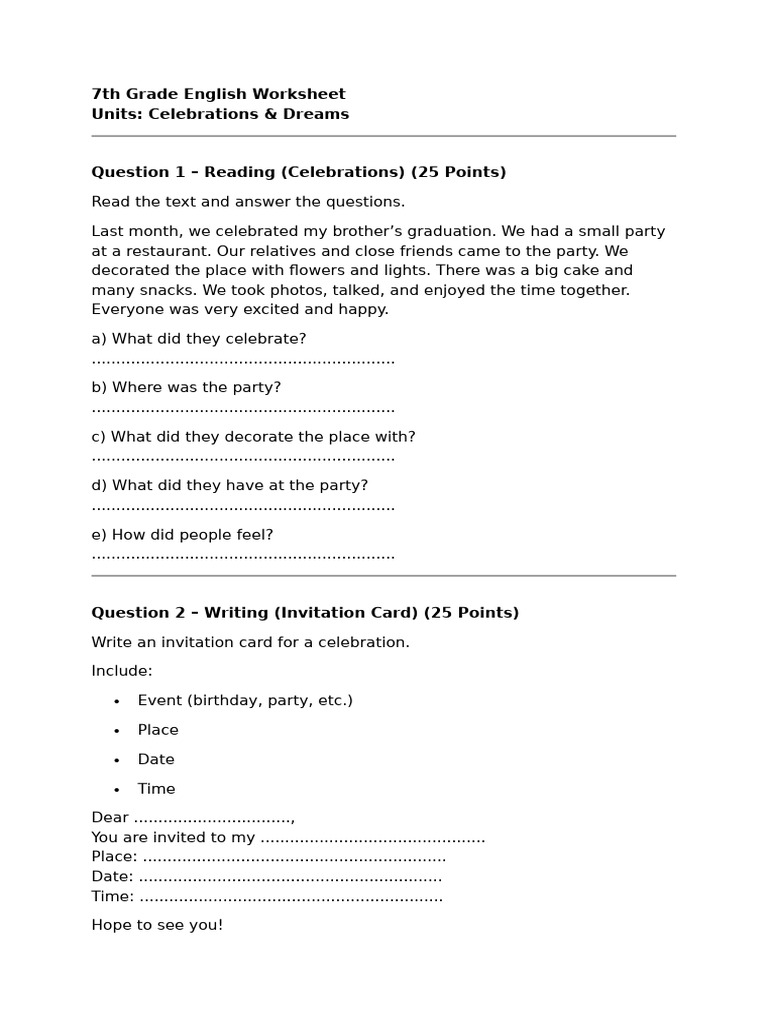 7th Grade English Worksheet | PDF
