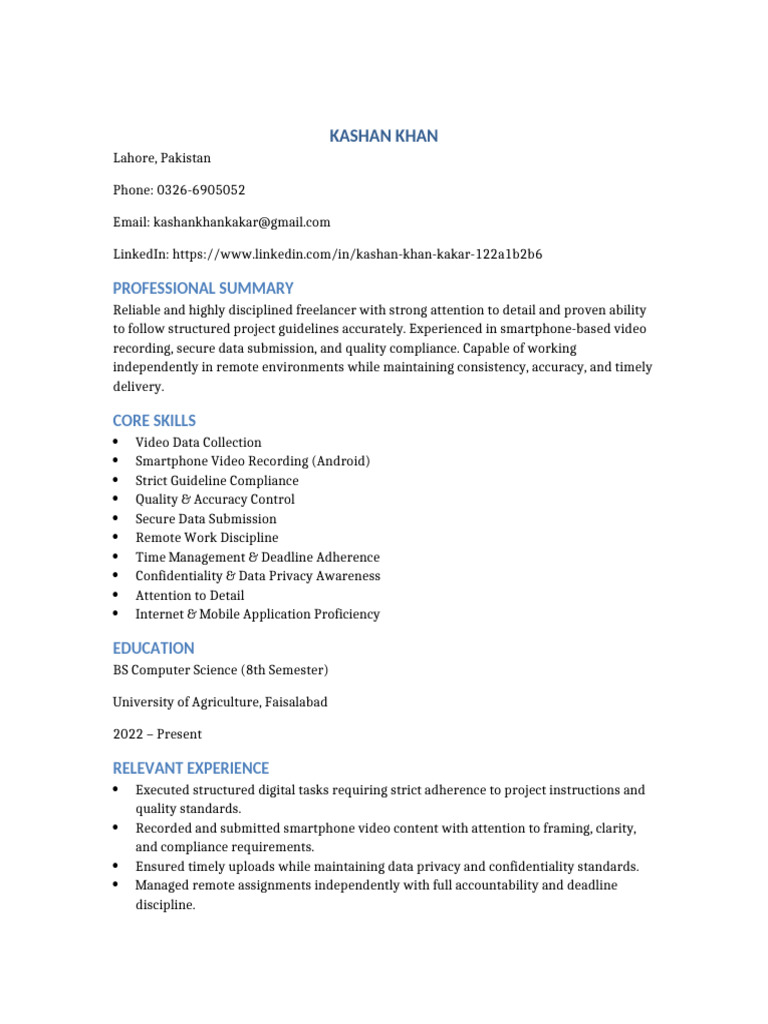 Kashan Khan Video Data Collection CV Updated | PDF