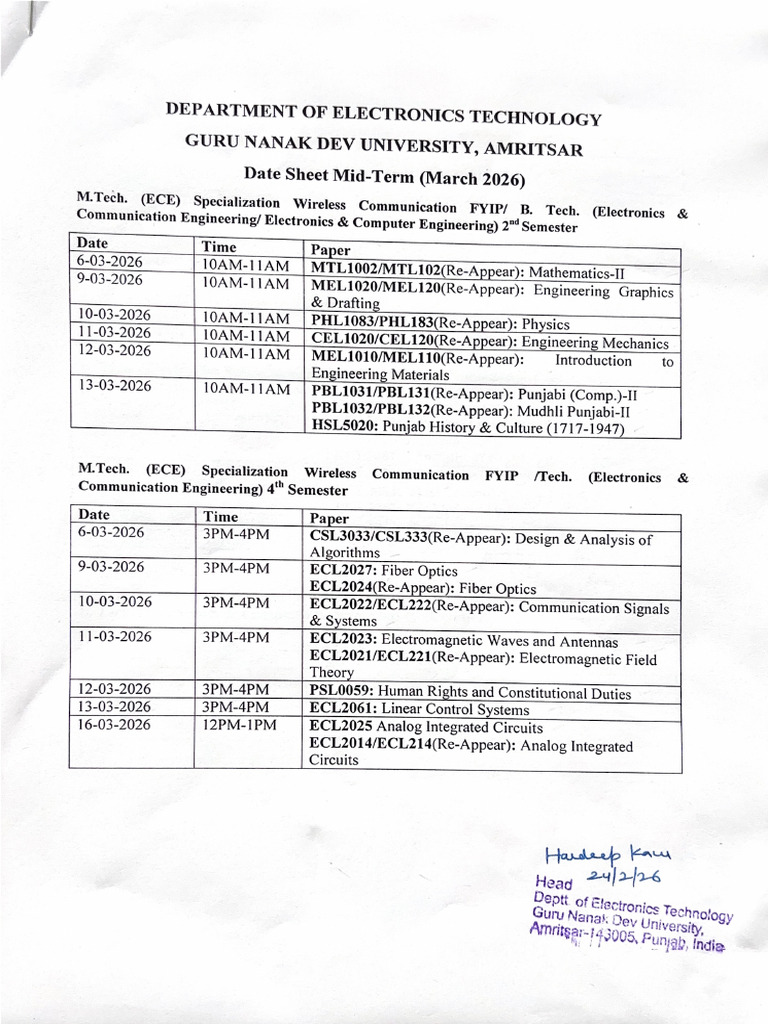 Date Sheet Mid Term March 2026 | PDF
