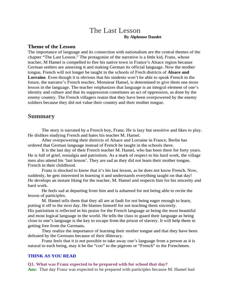 Class 12 - The Last Lesson | PDF | Teachers