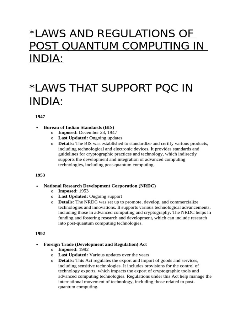Laws and Regulations of Post Quantum Computing in India | PDF ...