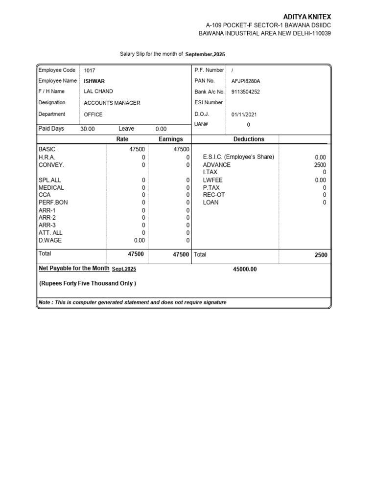 Sept 25 Pay Slip | PDF