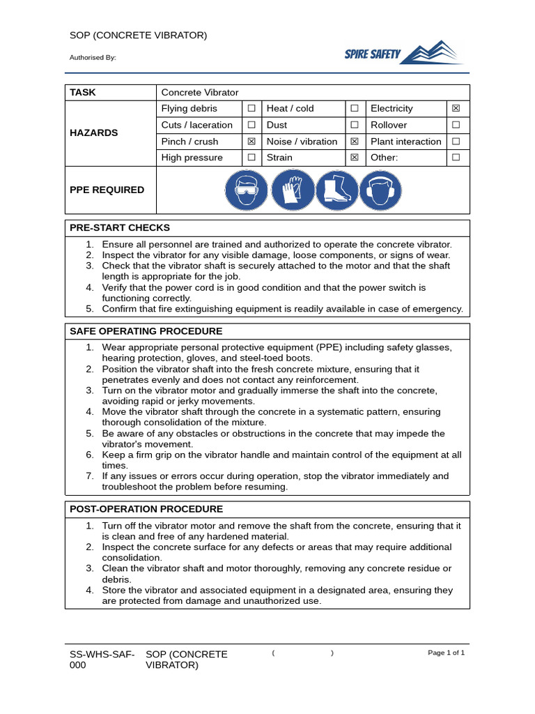 SS WHS SAF 000 Safe Operating Procedure Concrete Vibrator | PDF ...