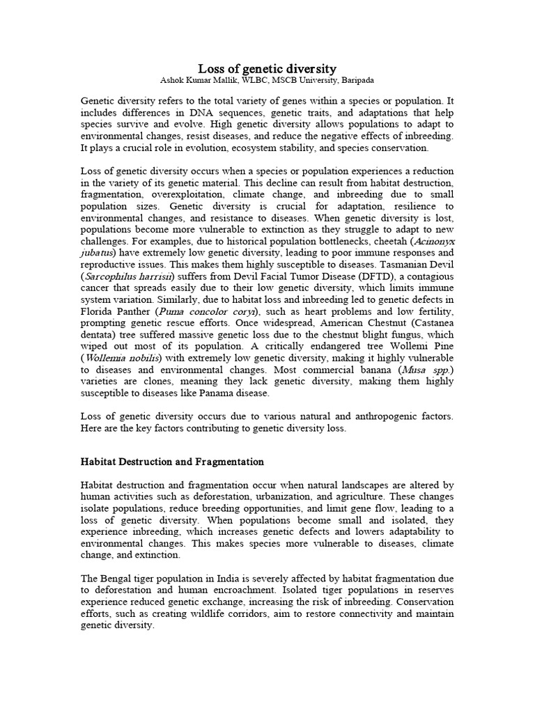 Loss of Genetic Diversity | PDF | Genetic Diversity | Biodiversity