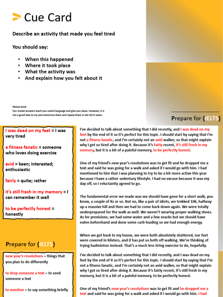 IELTS Speaking Part 2 Describe An Activity That Made You Feel Tired | PDF