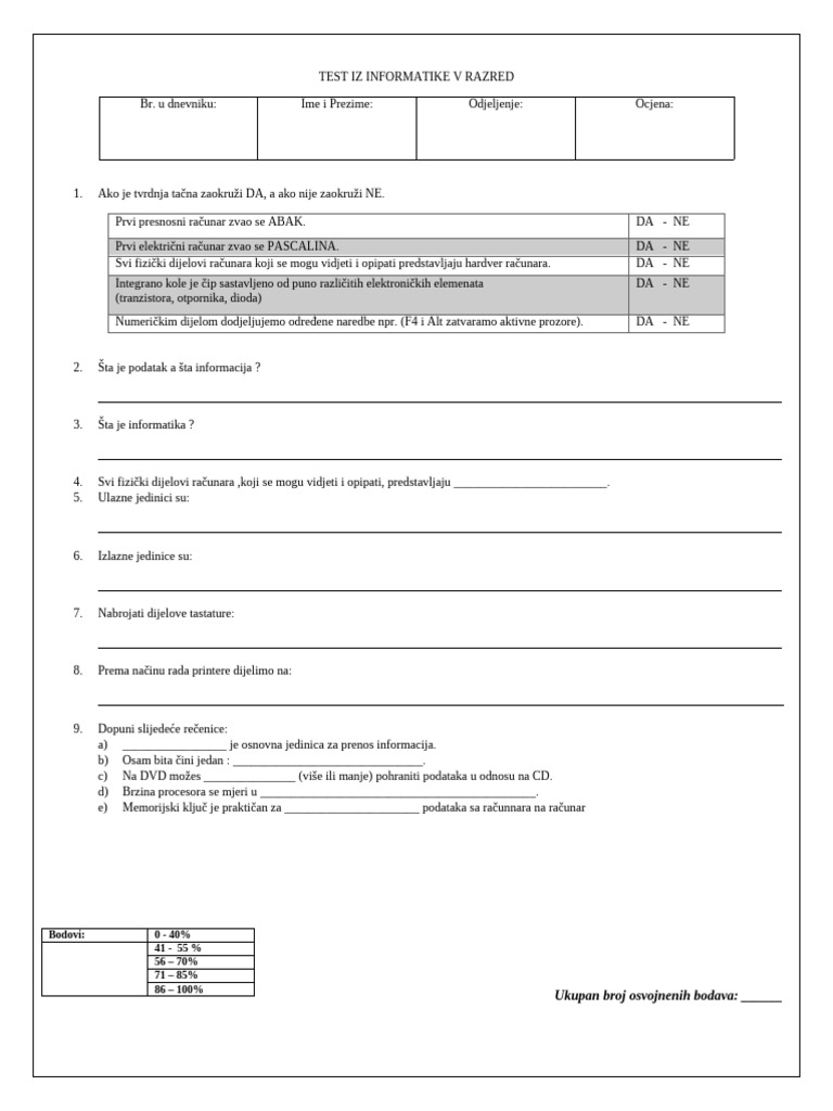 Test Iz Informatike V Razred | PDF
