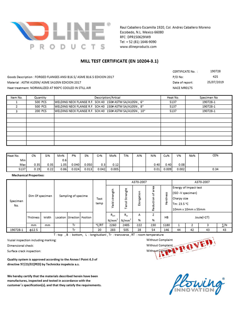 Mill Test Certificate (En 10204-3.1) | PDF | Applied And ...