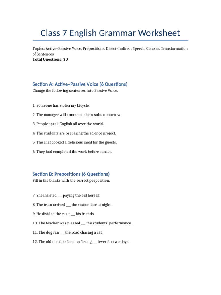 Class7 English Grammar Worksheet | PDF