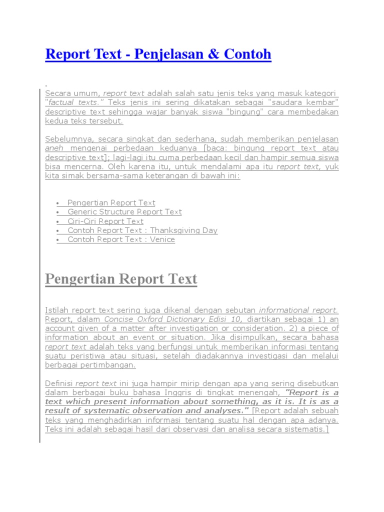 Pengertian dan Contoh Report Text | PDF | Ilmu Sosial | Seni & Disiplin ...