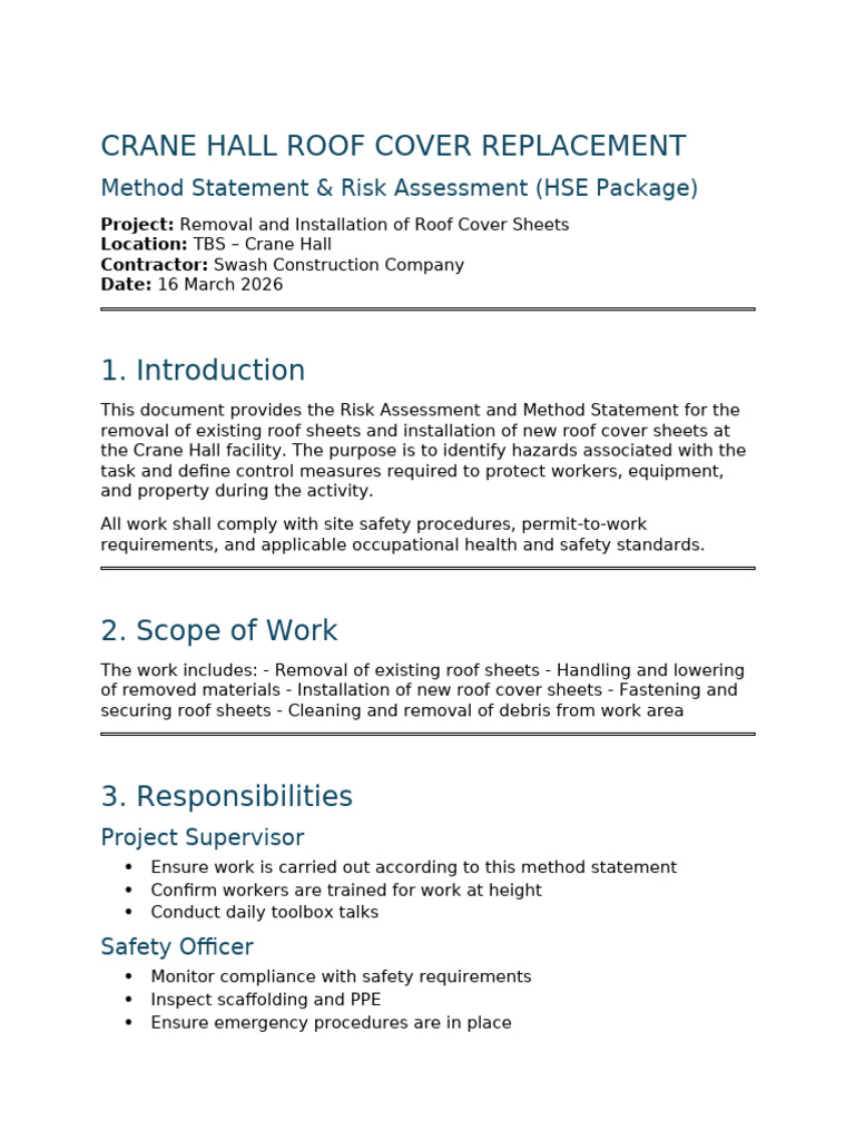 Crane Hall Roof Risk Assessment | PDF | Occupational Safety And Health ...
