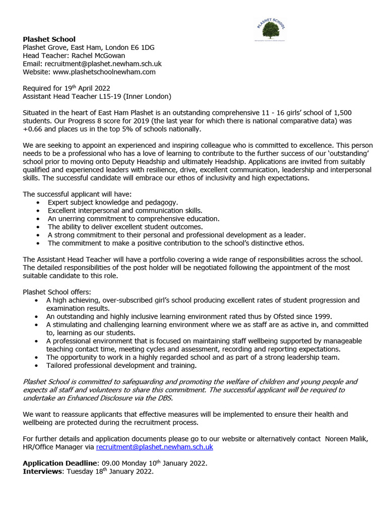Plashet School AHT Advert | PDF | Learning | Behavior Modification