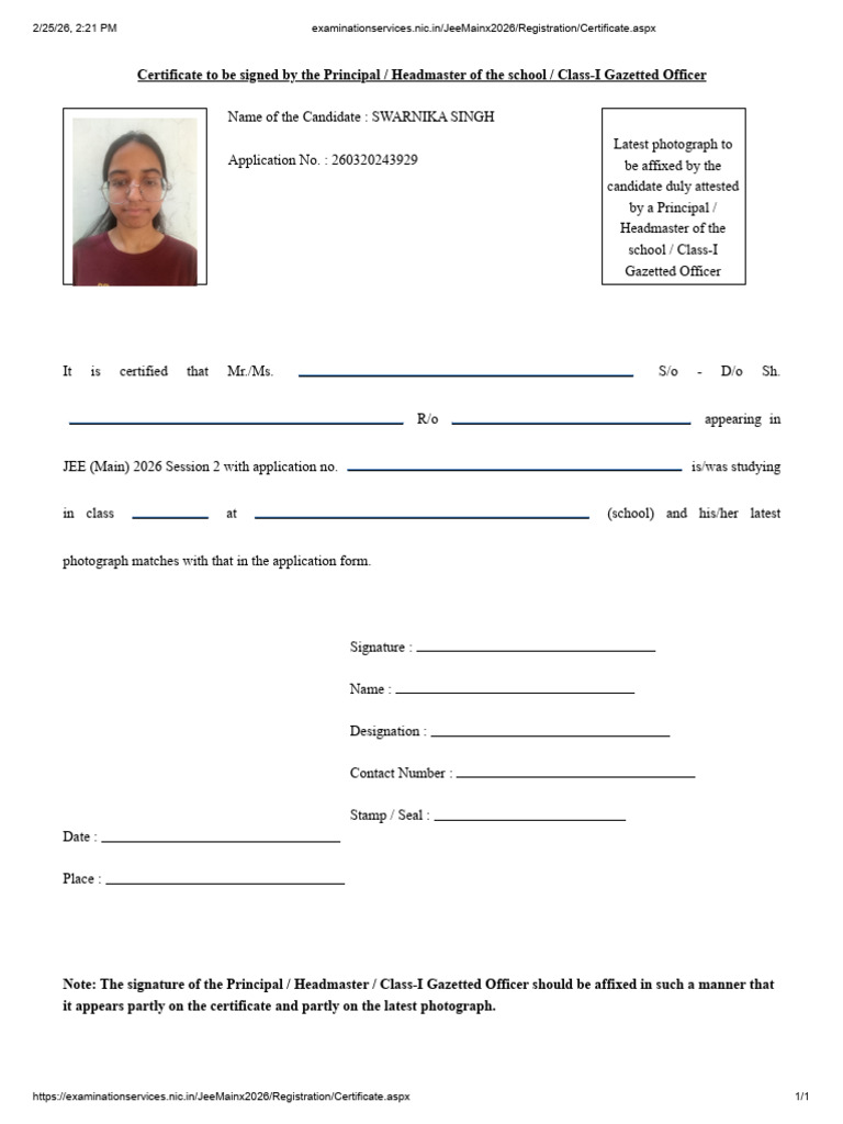 Examinationservices - Nic.in JeeMainx2026 Registration Certificate ...