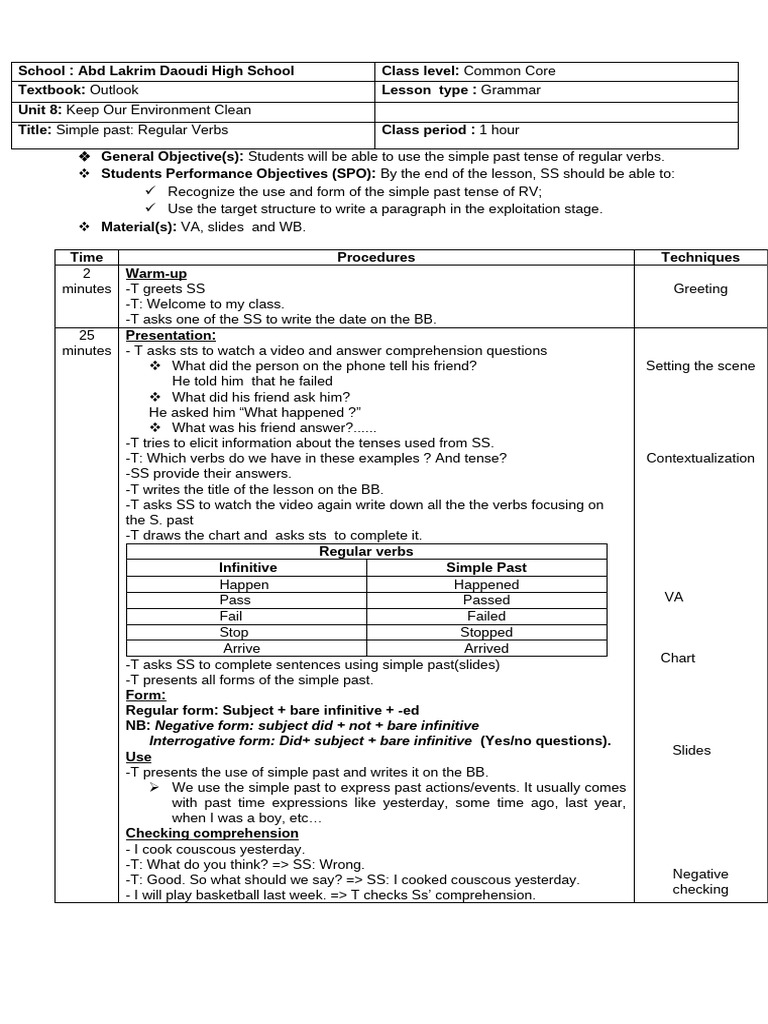 Unit 8 Grammar Simple Past Regular Verbs C.C | PDF | Grammatical Tense ...