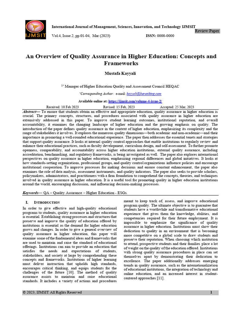 An Overview of Quality Assurance in Higher Education Concepts and | PDF ...