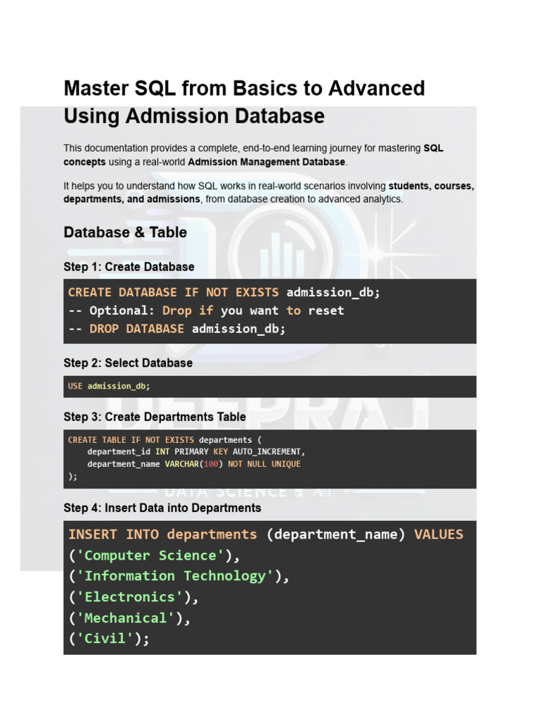 Master SQL From Basics To Advanced Using Admission Database | PDF ...
