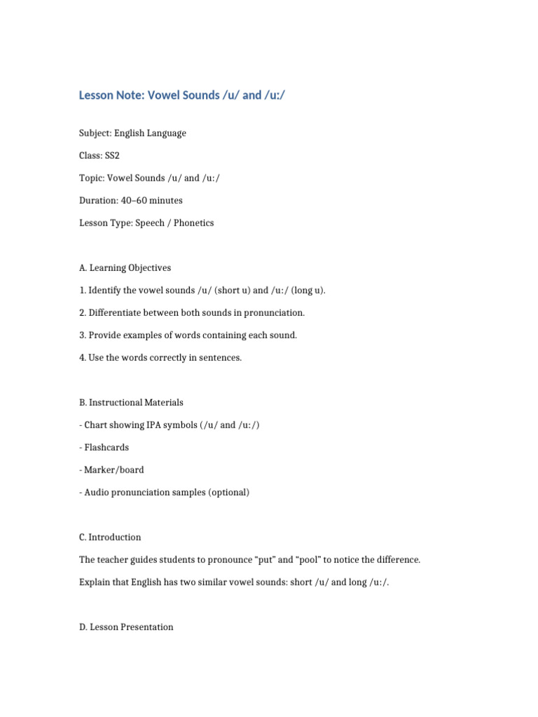 Lesson Note Vowel Sounds | PDF