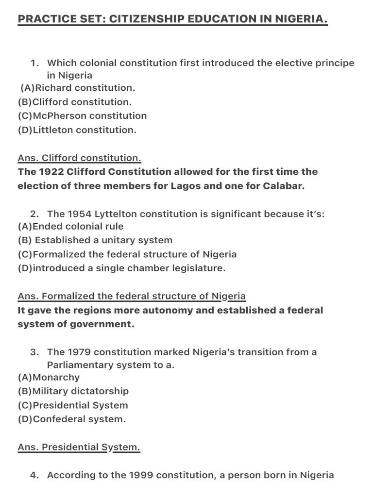 Practice Set - Citizenship Education in Nigeria. | PDF