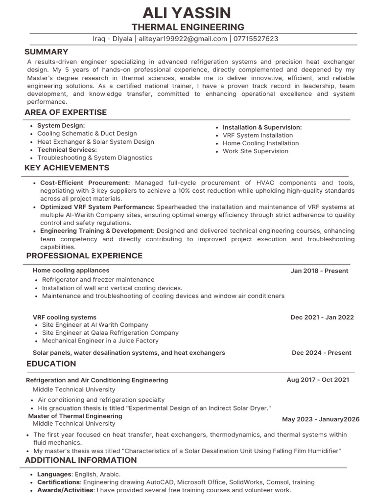 Ali Yassin's CV - Compressed | PDF | Air Conditioning | Heat