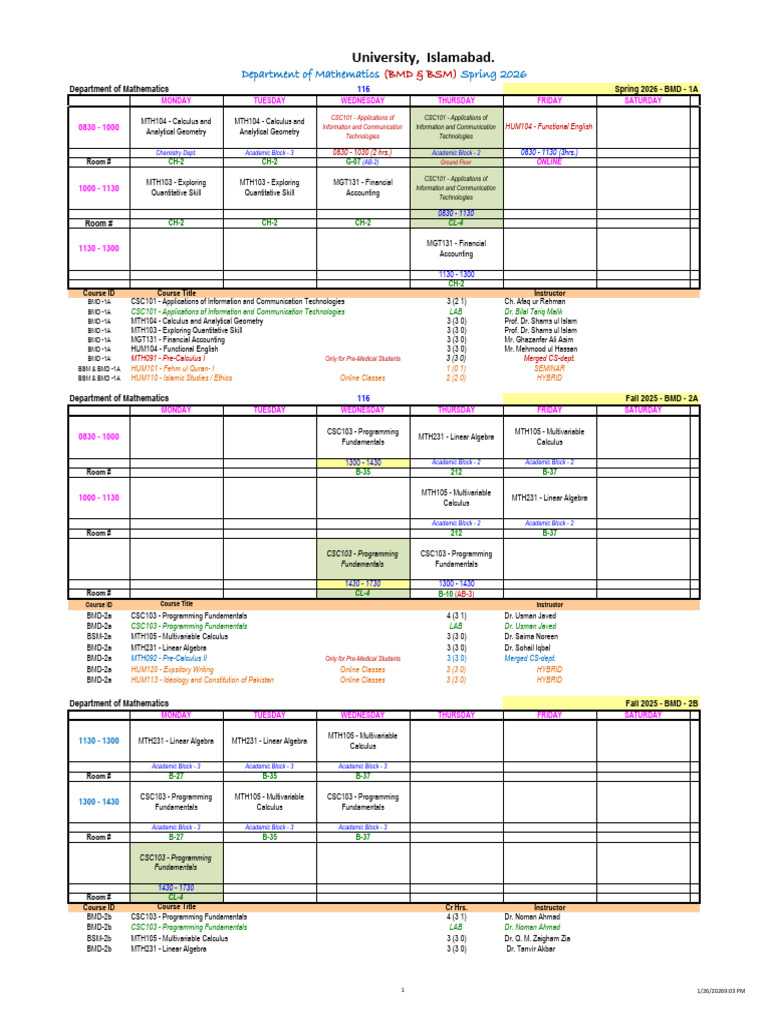 9 - Mathematics - Time Table - Spring 2026 | PDF | Mathematical ...