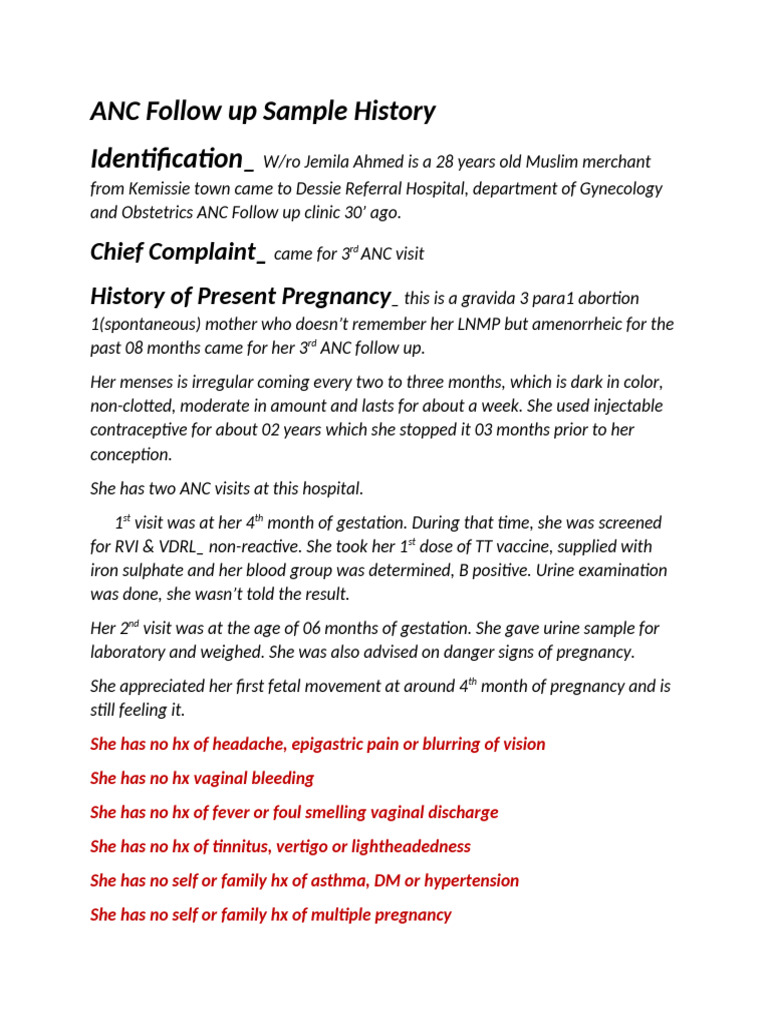 ANC Follow Up Sample History | PDF | Pregnancy | Health Sciences