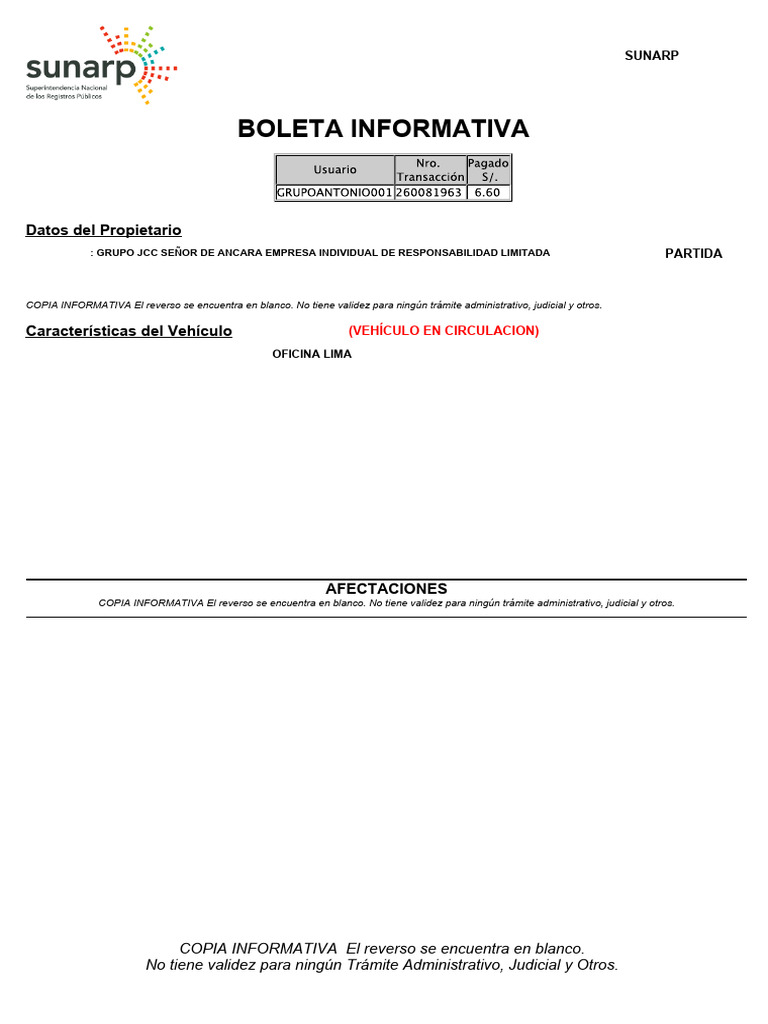 Boleta - Informativa CON PRENDA VEHICULAR | PDF