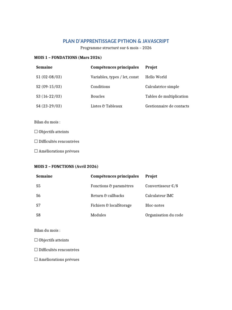 Plan Apprentissage Python JS 2026 Pro | PDF | Informatique ...