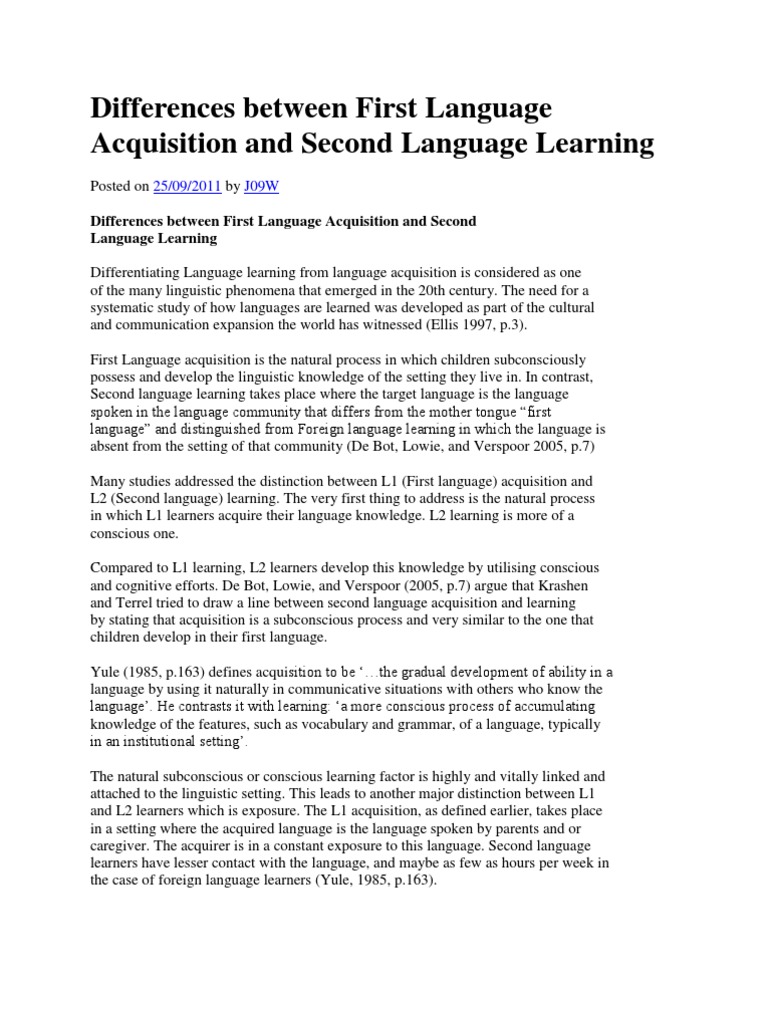 First Vs Second Language Acquisition Differences Pdf Second