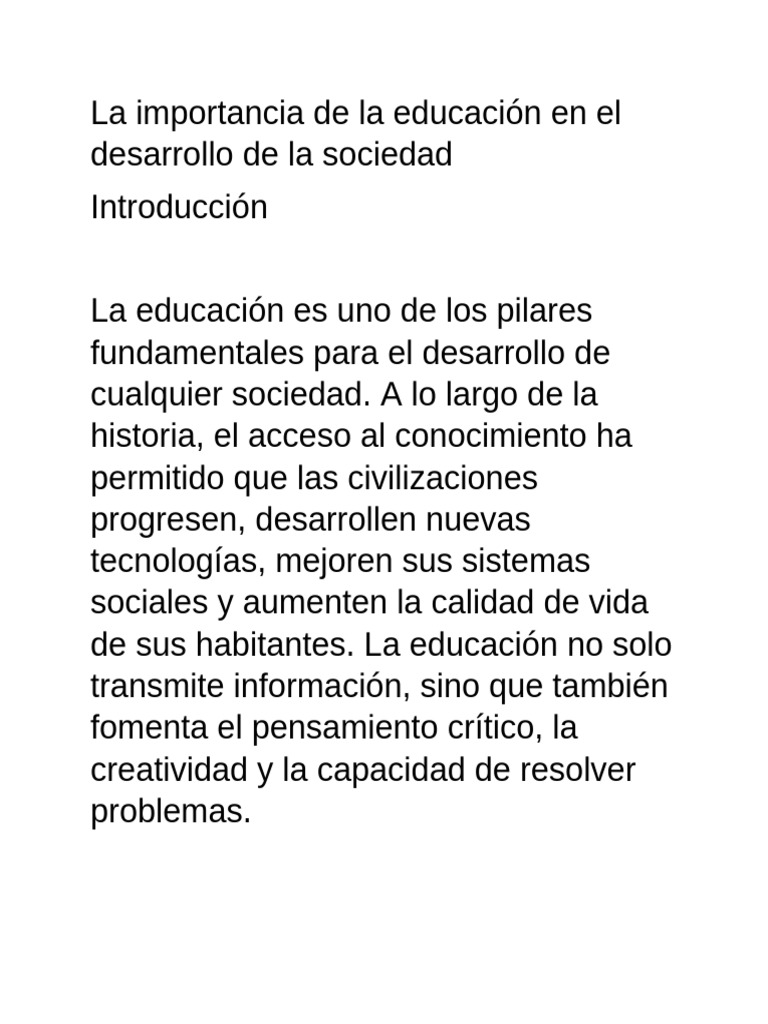 La Importancia de La Educación en El Desarrollo de La Sociedad | PDF ...