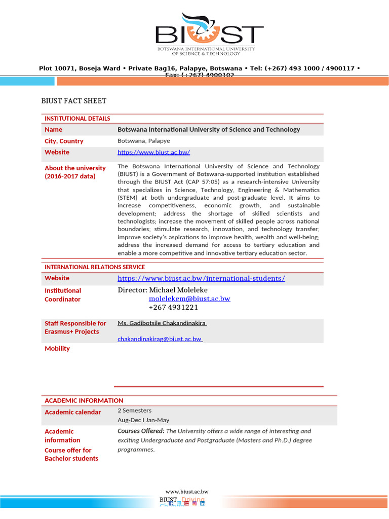 BIUST Fact Sheet 2023 | PDF | Bachelor Of Science | Science, Technology ...