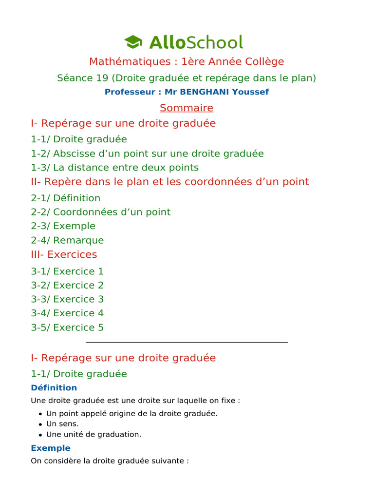 Seance 19 Droite Graduee Et Reperage Dans Le Plan 1 | PDF | Coordonnées ...