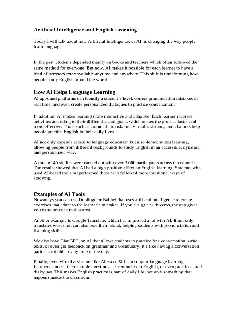 Artificial Intelligence and English Learning | PDF