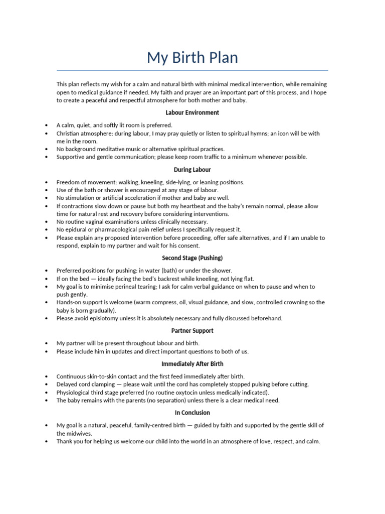 Birth Plan Example | PDF | Childbirth | Medical Specialties