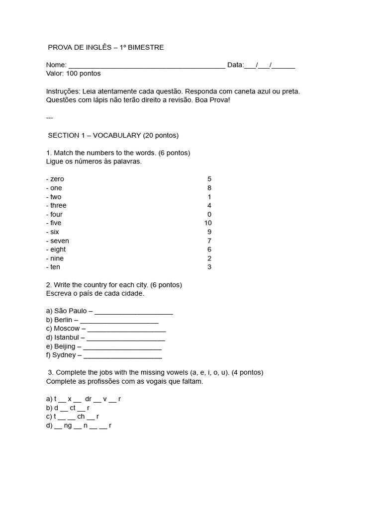 Prova de Inglês - 1º Bimestre | PDF