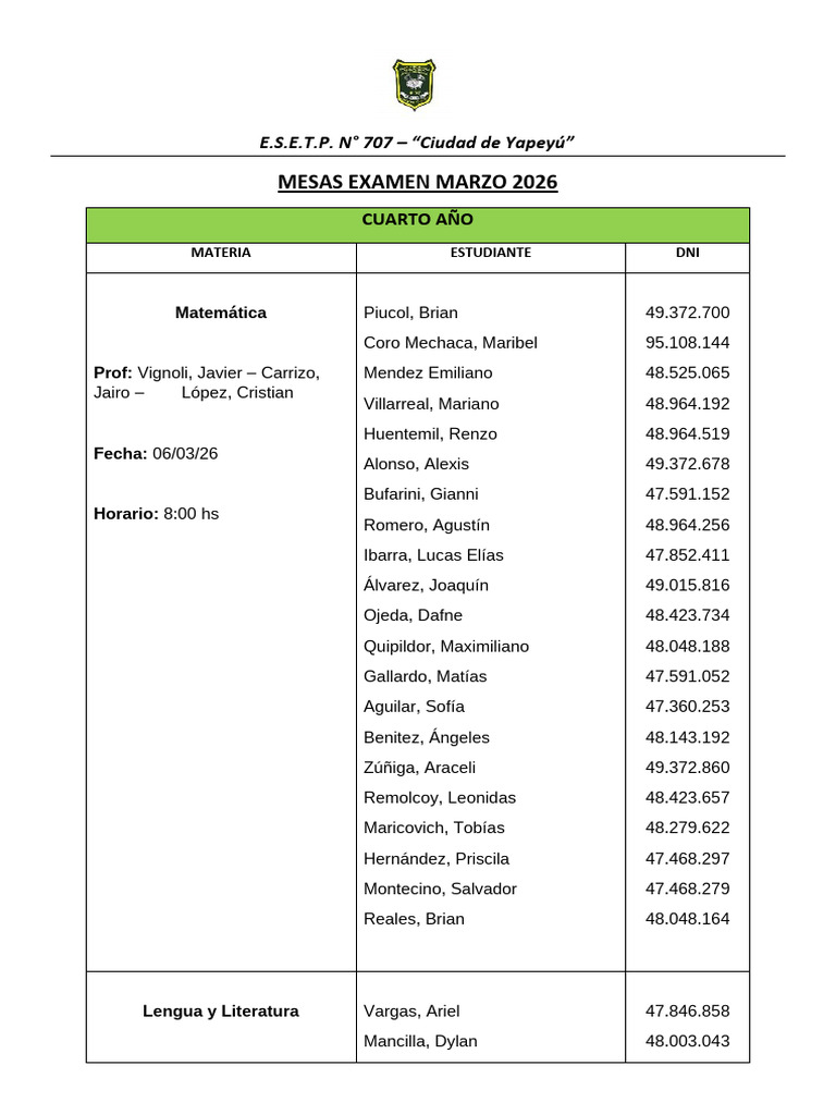 Mesas Examen-Marzo 2026 | PDF