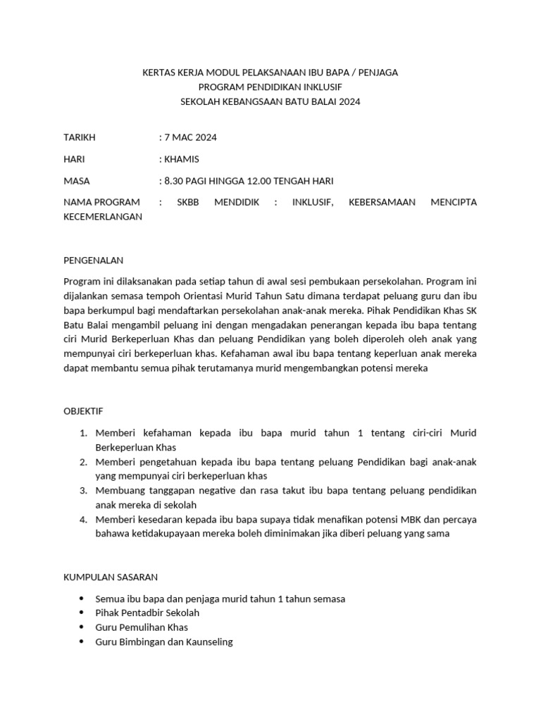 Kertas Kerja Modul Pelaksanaan Ibu Bapa SKBB | PDF