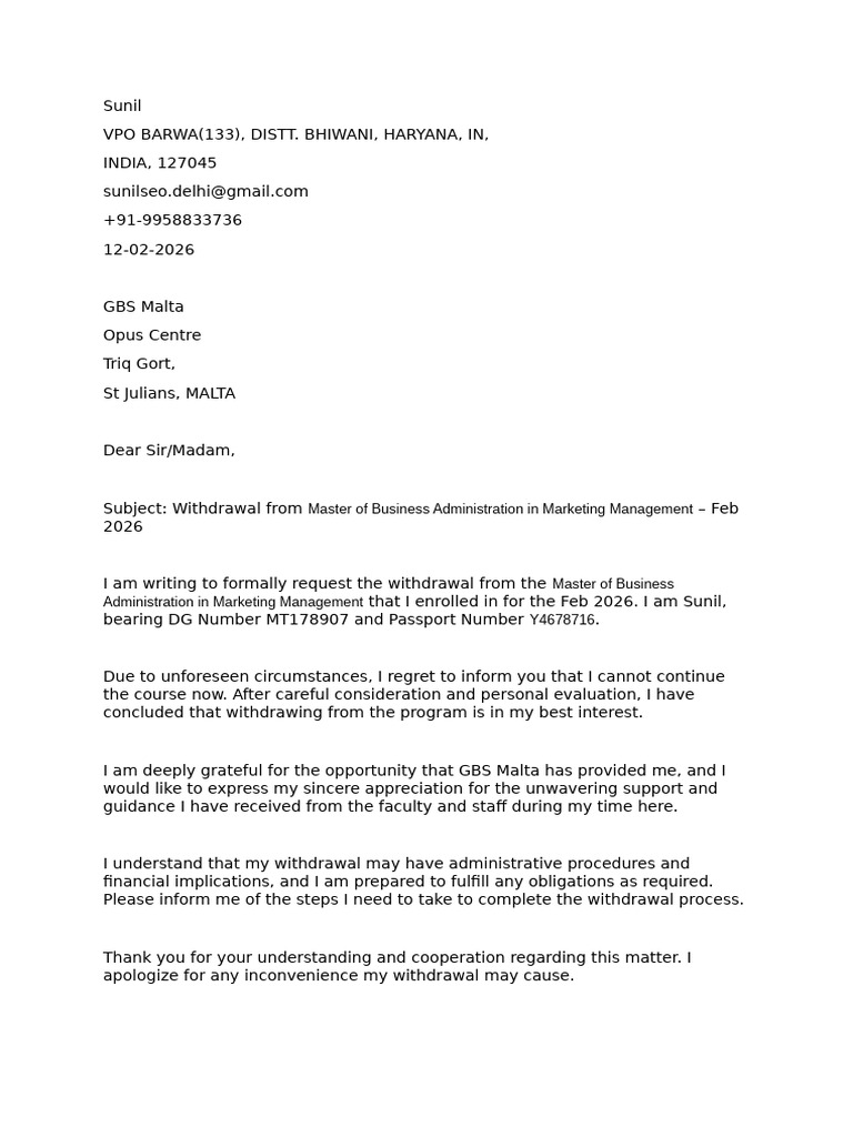 Course Withdrawal Letter SAMPLE | PDF
