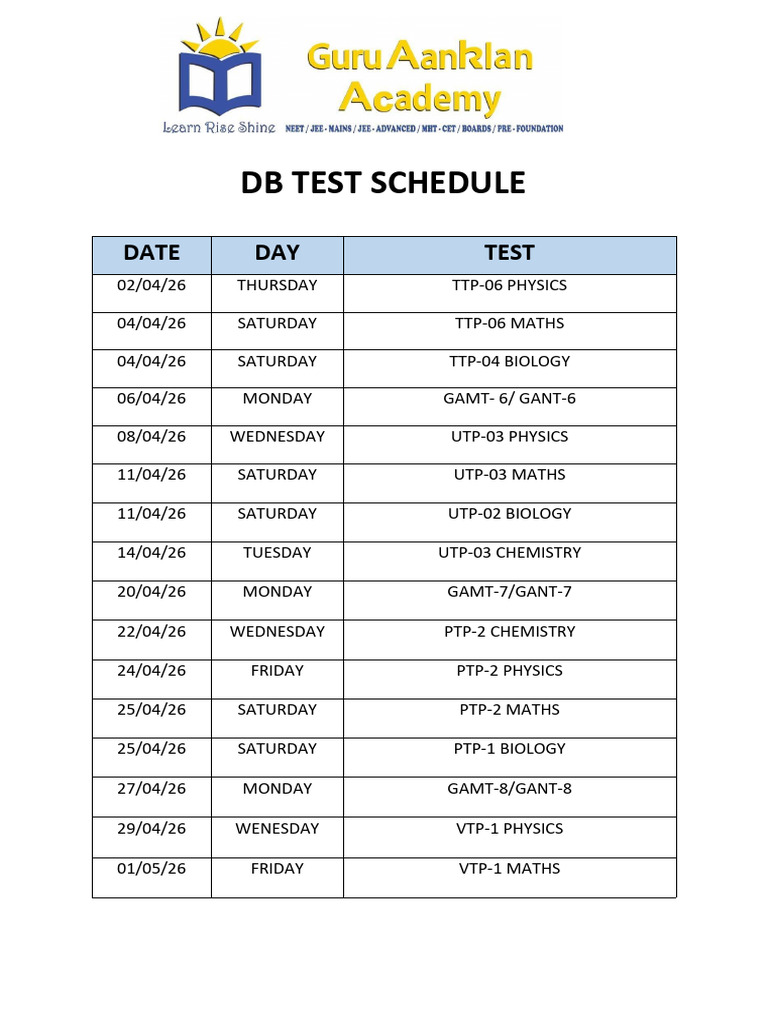 Db April 26 Test Schedule | PDF