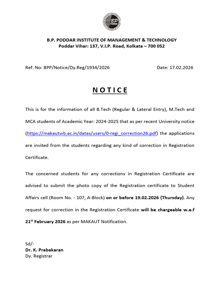 Notice on Correction in Registration Certificate _AY_2024-2025 | PDF