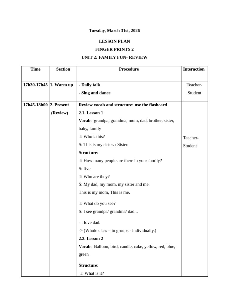 Lesson Plan - Review Unit 2 (Cont) - Fingerprints 2 | PDF