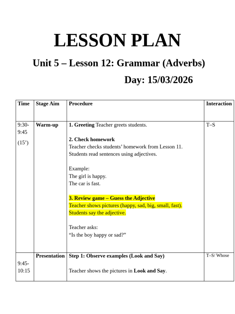 FB Lesson Plan UP4A Unit 5 - Lesson 12 Grammar (15.03.26) | PDF ...