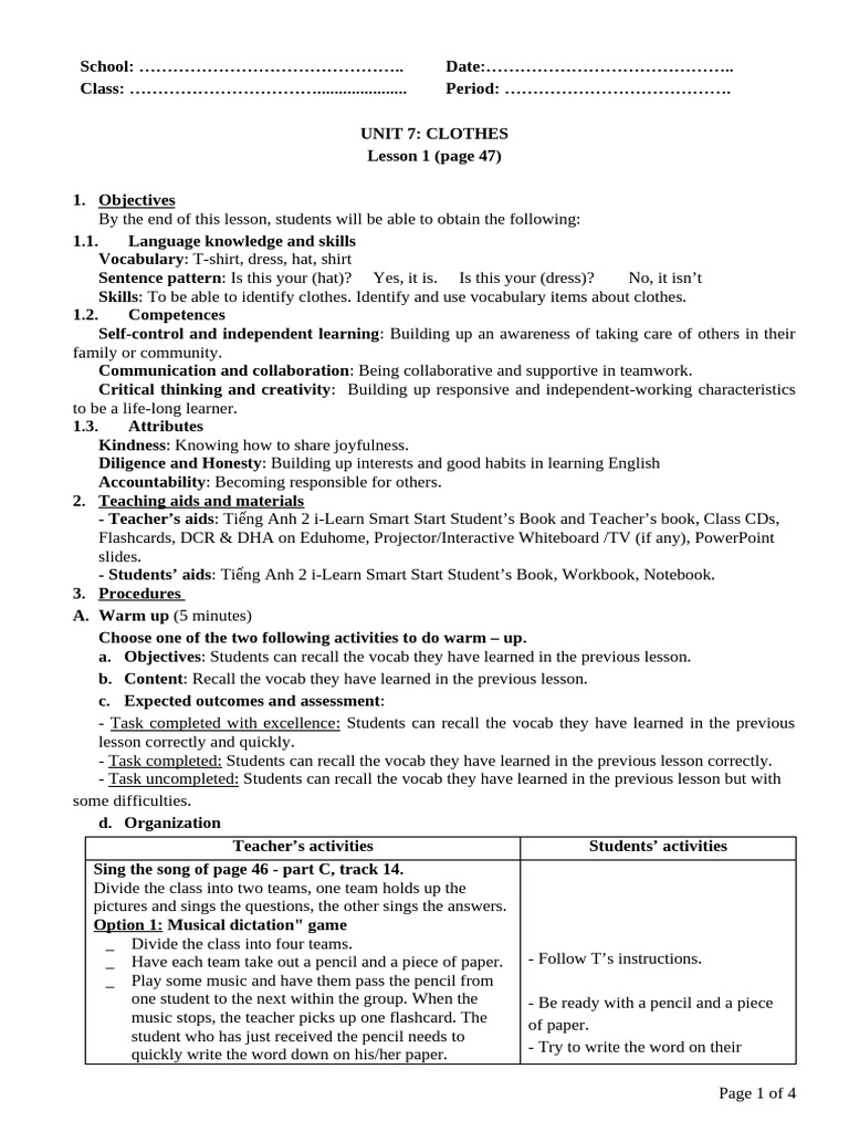 Period 42- Unit 7 Clothes - Lesson 1 | PDF | Learning | Behavior ...
