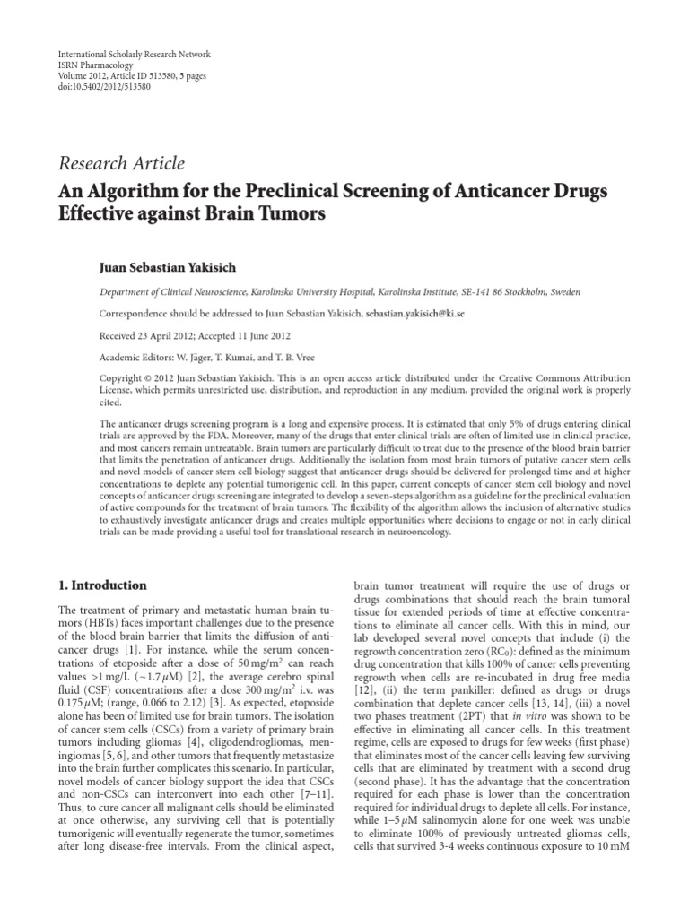 An Algorithm For The Preclinical Screening of Anticancer Drugs ...
