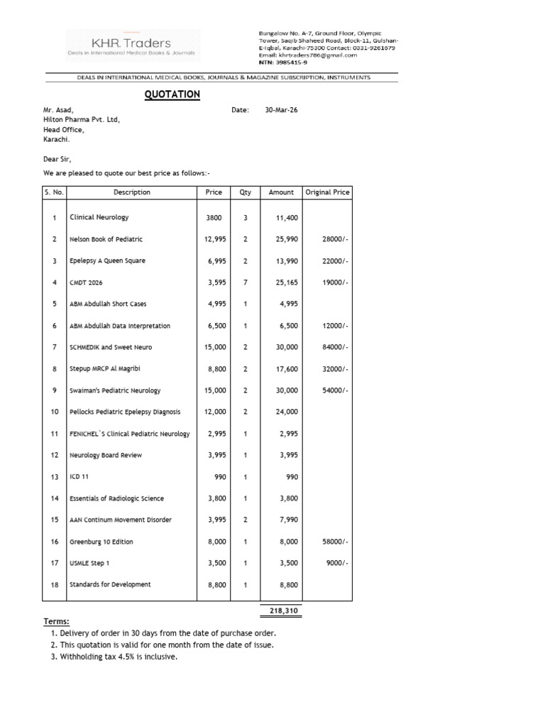 Quotation_Proforma_K.H.R. Traders Hilton Pharma Academic Books | PDF