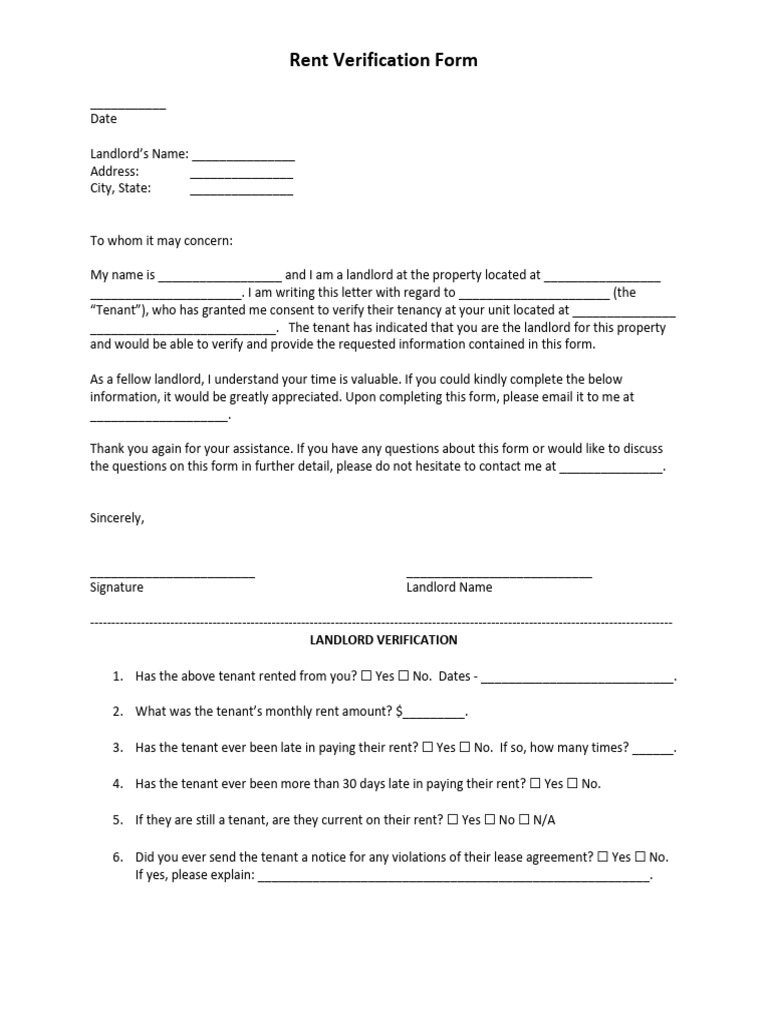 Rent Verification Form | PDF | Leasehold Estate | Landlord
