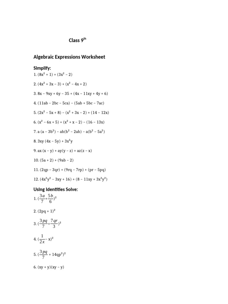 Algebraic Expressions Worksheet | PDF