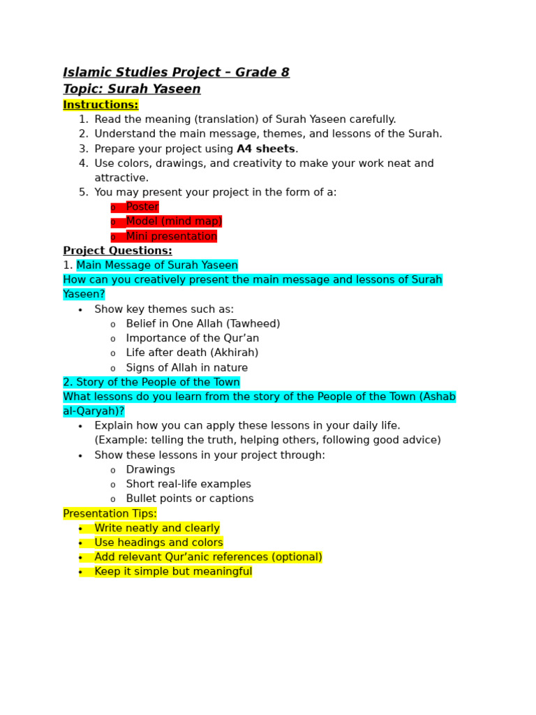 Surah Yaseen Project Islamic Grade 8 | PDF